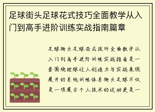 足球街头足球花式技巧全面教学从入门到高手进阶训练实战指南篇章 足球街头足球花式技巧全面教学从入门到高手进阶训练实战指南篇章